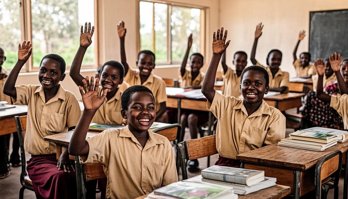 Ghanaian school children learning in a modern classroom
